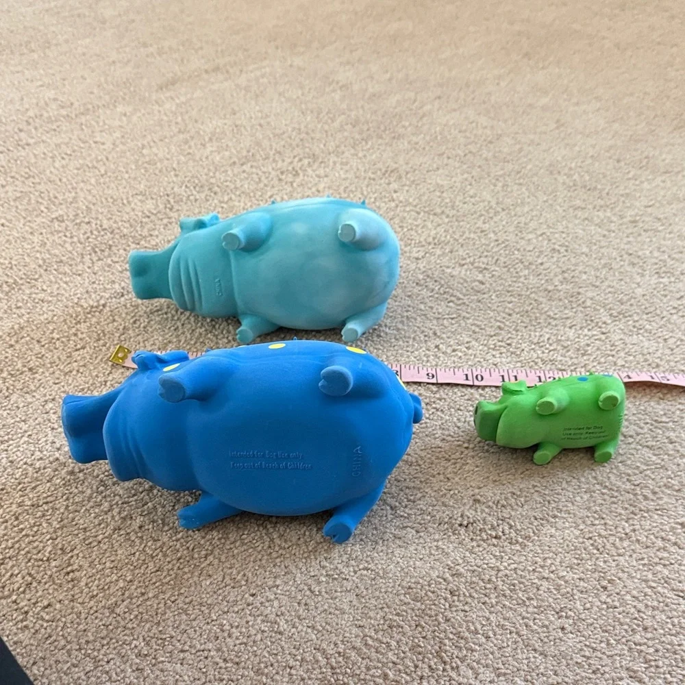 Set of 3 Colorful Rubber Pig Dog Toys - Blue, Teal, Green Pig Squeaky Dog Toy